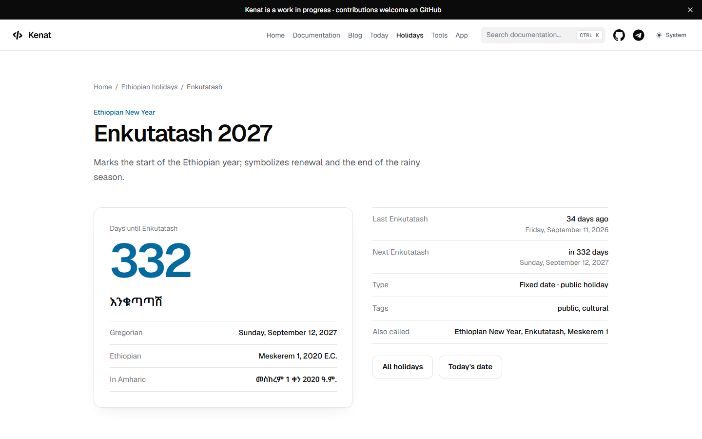 The Enkutatash page with a countdown to the next Ethiopian New Year